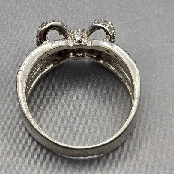 VTG Sterling Silver Marcasite & Clear Gemstone Bow Ring Size 9 Wide Band 8.03g - Picture 3 of 9